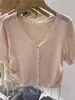Nuevo Cárdigan de Manga Corta para Verano Ropa Exterior Tejido Fino Hueco Blusa Diseño Femenino Top Corto con Cuello en V y Cordón