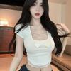 Rayón 260g Azul Verano Lazo Camiseta Pura Manga Corta Top de Encaje Coreano Dulce de Alta Gama para Mujer