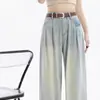 Design Sense Jeans de perna reta feminino estilo coreano High Street Slimming solto formato de pêra cintura alta perna larga calças compridas