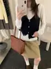 Suéter de punto redondo con bloques de color estilo coreano, nueva colección otoño/invierno, suéter de manga larga combinado con un camisón, conjunto de dos piezas