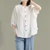 Camisas de Algodão e Linho Primavera e Verão para Mulheres, Mangas Lanterna, Tops Artísticos Retrô, Camisas Soltas Emagrecedoras de Manga Média Tamanho Grande para Mulheres