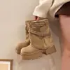 Botas retro de estilo coreano para mujer, puntera redonda, color liso, hasta la pantorrilla, nueva colección otoño 2026, tacón grueso, diseño versátil sin cordones, suela de plataforma, botas de montar