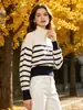 Suéter de Tricô Listrado Feminino com Gola Alta e Zíper Parcial, Casual de Caimento Solto, Pulôver Color Block de Manga Longa, Em Estoque 5536032