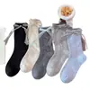 Calcetines finos para mujer, calcetines apilados, calcetines hasta la pantorrilla con lindos moños y encaje, combinados con zapatos pequeños de cuero, estilo ballet, primavera y verano