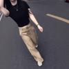 25070 Big Aimei Yiyuan 2025 Verano Nuevo Color Sólido Slim Fit Camiseta de Manga Corta Pantalones Rectos de Cintura Alta Estilo Occidental Mujeres
