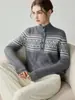 Novo suéter feminino de cashmere puro para outono e inverno, padrão Fair Isle, gola alta fina espessa, camada interna quente, suéter de tricô