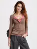 Camiseta Manga Longa com Gola Meia-Aberta Color Block Slim Fit Estilo Europeu e Americano para Mulheres, Camisa Base Slim Fit Gola Henley de Inverno