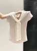 Tejido de punto con cordones en V y manga corta estilo francés hecho a medida de fábrica para mujer, nuevo estilo de verano, ajustado y elegante, top para el trabajo