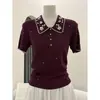 Camisa tipo polo de punto ajustada, hecha a mano con ganchillo floral resistente, estilo vintage francés, top fresco de manga corta para mujer