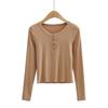 Camiseta de manga larga con cuello redondo estilo europeo y americano para mujer, diseño cuidadoso, máquina delgada, corta, delgada, punto, top, camiseta básica
