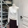 Camisa de manga larga ligeramente holgada, off-shoulder, gris/negro/blanco, para principios de otoño, mangas off-shoulder de mohair, corte holgado, con etiquetas