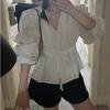 Camisa de encaje con cordón ajustable de alta gama para mujer de Dongdaemun, Corea del Sur, con cintura pequeña y fresca, para adelgazar.