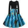 1138# foto real en stock Amazon estilo retro Hepburn estampado navideño costuras manga larga vestido de falda amplia grande gratis