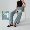 Pantalones de lyocell de pierna ancha estrecha ultradelgados de verano, azul claro, estructura tridimensional, con caída, de cintura alta, jeans rectos adelgazantes para mujer
