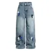 Jeans de Pierna Ancha Larga de Tiro Alto con Bloques de Color, Parche de Cuero Cruzado, Estilo Americano High Street, Otoño Nuevo, para Hombres y Mujeres