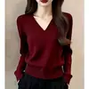 Suéter cárdigan casual liso de cuello en V para mujer, estilo maduro, rojo de Año Nuevo, top de punto elegante