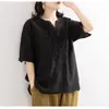 Camisa bordada de algodón y lino de 6 colores para mujer, suéter artístico holgado con puños cortos bordados, cuello en V abotonado, talla grande, nuevo estilo de verano