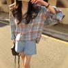 Camisa Larga de Manga Larga a Cuadros Bloques de Color Holgada con Cuello Solapa Botones Estilo Ins Coreano Perezoso Chic