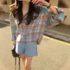 Camisa Coreana Ins Elegante Estilo Perezoso Cuello Solapa Abotonada Cuadros Contrastantes Holgada de Manga Larga