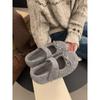 Sapatos Birkenstock Femininos Cinza com Laço Perfumado, Aumento Interno, Forrados com Pelúcia, Mary Jane, Sola Grossa, Sapatos Rasos de Pelo