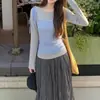 Camiseta elegante de manga larga para mujer, otoño al por mayor, 260g rayón + malla 40D, conjunto de top de dos piezas estilo coreano