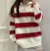 Suéter de Punto con Cremallera Media, Cuello de Solapa a Rayas de Color Contrastante para Mujer, Nuevo Estilo 2026, Holgado, Casual, Estilo Universitario, Suéter Exterior