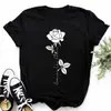 Maycar Nova Moda Estampa de Rosa Dourado Camiseta Feminina Harajuku Manga Curta Camiseta Casual Gola O Top Camiseta Preto