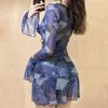 Bikini Sexy de Tres Piezas con Estampado de Moda de Corea del Sur 2023 Blusa de Manga Larga sin Espalda Traje de Baño para Cubrir del Sol para Mujer