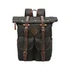 Mochila de Lona Vintage Desgastada Estilo Americano de Gran Capacidad en Cuero Crazy Horse, Bolsa de Lona Encauchutada Desgastada Estilo Workwear