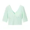 Moda Femenina Transfronteriza Nuevo Estilo de Verano Sencillo Versátil Cuello en V Cruzado Empalmado Manga Media Ajustado Top Corto