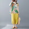 Foto Real del Conjunto Casual de Moda Suelta de Verano 2026 para Mujer: Conjunto de Dos Piezas: Camisa Pintada + Pantalones Anchos de Algodón y Lino