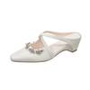 Mules Pequeñas Cuadradas de Perlas con Tira Cruzada Estilo Francés para Mujer, Nuevo Modelo Primavera/Verano 2025, Mocasines sin Cordones con Aumento Oculto de Altura