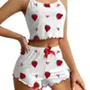 Conjunto de Pijama de Dos Piezas para Mujer con Estampado de Corazones de Fresa, Popular Transfronterizo, Adecuado para Usar Tanto en Interiores como en Exteriores