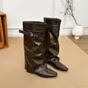 2026 puntera cuadrada estilo de moda moderno tacón bajo botas largas botas botas de equitación mujer otoño invierno caña cuero apilado hebilla sensación ancho