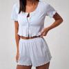 Comércio Exterior Amazon Transfronteiriço Pijama Sexy Cardigã com Fivela Vazada Orelha Manga Curta Shorts Roupa de Casa Conjunto de Duas Peças