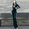 Traje fino de terciopelo dorado para mujer, otoño e invierno, estilo europeo y americano, con capucha, pantalones acampanados, ropa deportiva, conjunto de dos piezas