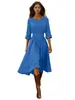 Nuevo vestido de algodón y lino de color liso, cuello redondo, manga larga, entallado a la cintura, estilo cruzado europeo y americano para mujer, longitud media, estilo casual de vacaciones, azul