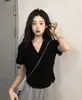 Camiseta de Verano para Mujer con Cuello Polo de Seda Helada, Manga Corta en el Hombro, Ajustada, Adelgazante, Camiseta Base Irregular, Top Corto