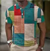 Camisa Polo de Moda Transfronteriza Europea y Americana para Hombre con Estampado Digital 3D, Bloqueo de Color a Cuadros, Manga Corta, Cuello Campana