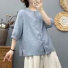 Camisa Lisa de Color Sólido de Manga Media de Diseño Simple Retro para Mujer, Nuevo Estilo de Verano, Ligera, Holgada, Rejuvenecedora, Cárdigan Versátil