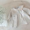 Roupas Infantis Estilo Coreano Primavera e Outono Novo Estilo Vestido de Veludo Cotelê com Renda e Gola Peter Pan Manga Longa para Menina