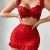 Lencería sexy de encaje con pestañas europea y americana de talla grande con aros, camisón francés de talla grande con bragas, conjunto de tres piezas para el hogar