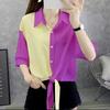 Nova Camisa de Chiffon com Manga Média de Verão Feminina Tamanho Pequeno Design de Cintura Alta Camisa Listrada Combinando Cores Vestido Curto de Barriga