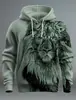 Suéter Nuevo Transfronterizo Primavera y Otoño 2024 Estilo Europeo y Americano Imagen de León Suéter Estampado 3D a Cuadros Retro con Capucha para Hombre