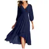 Vestido de Mujer 2025 Amazon Transfronterizo de Color Sólido con Cuello en V y Manga de Tres Cuartos Ajustado a la Cintura Corte Delgado Elegante Vestido de Dama de Honor
