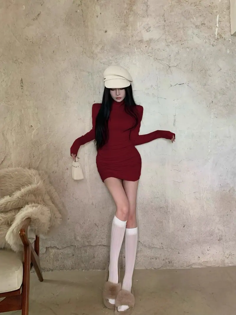 商品详情图_2024新款半高领打底长袖连衣裙女秋冬修身包臀性