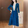 Vestido Elegante Estilo Chanel Bordado de Malla 2025 Primavera Nuevo Vestido con Costuras con Volantes Cuello en V