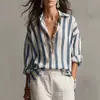 Camisa Feminina de Chiffon Plus Size Listrada Retro de Manga Longa, Novo Estilo Transfronteiriço Europeu e Americano, Solta, Estilo Férias, Camisa de Praia