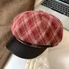 Gorro de otoño e invierno, a cuadros de lana, estilo británico retro, gorro octagonal para mujer, boina elegante y versátil que hace que la cara se vea más pequeña