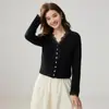 Suéter Cárdigan de Encaje Patchwork Francés con Cuello en V de Encaje y Cachemira Otoño e Invierno Tejido Suave y Amigable con la Piel Chaqueta Corta